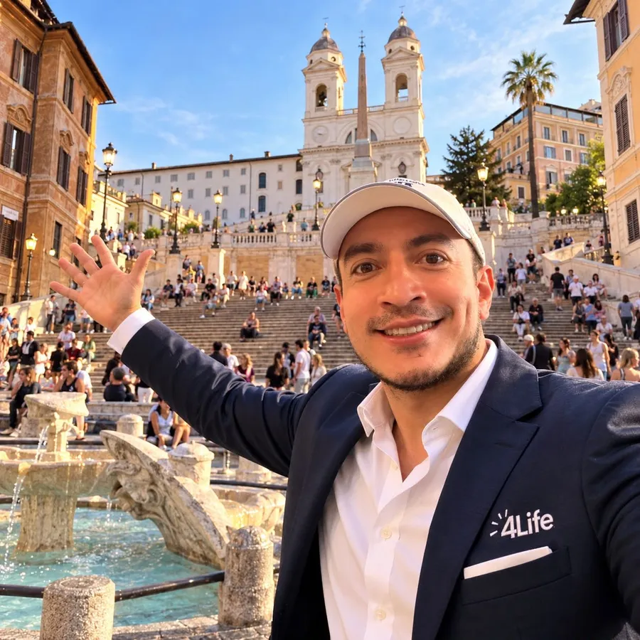 Rafa el Networker, sonriendo con chaqueta 4Life frente a la escalinata de la Plaza de España en Roma